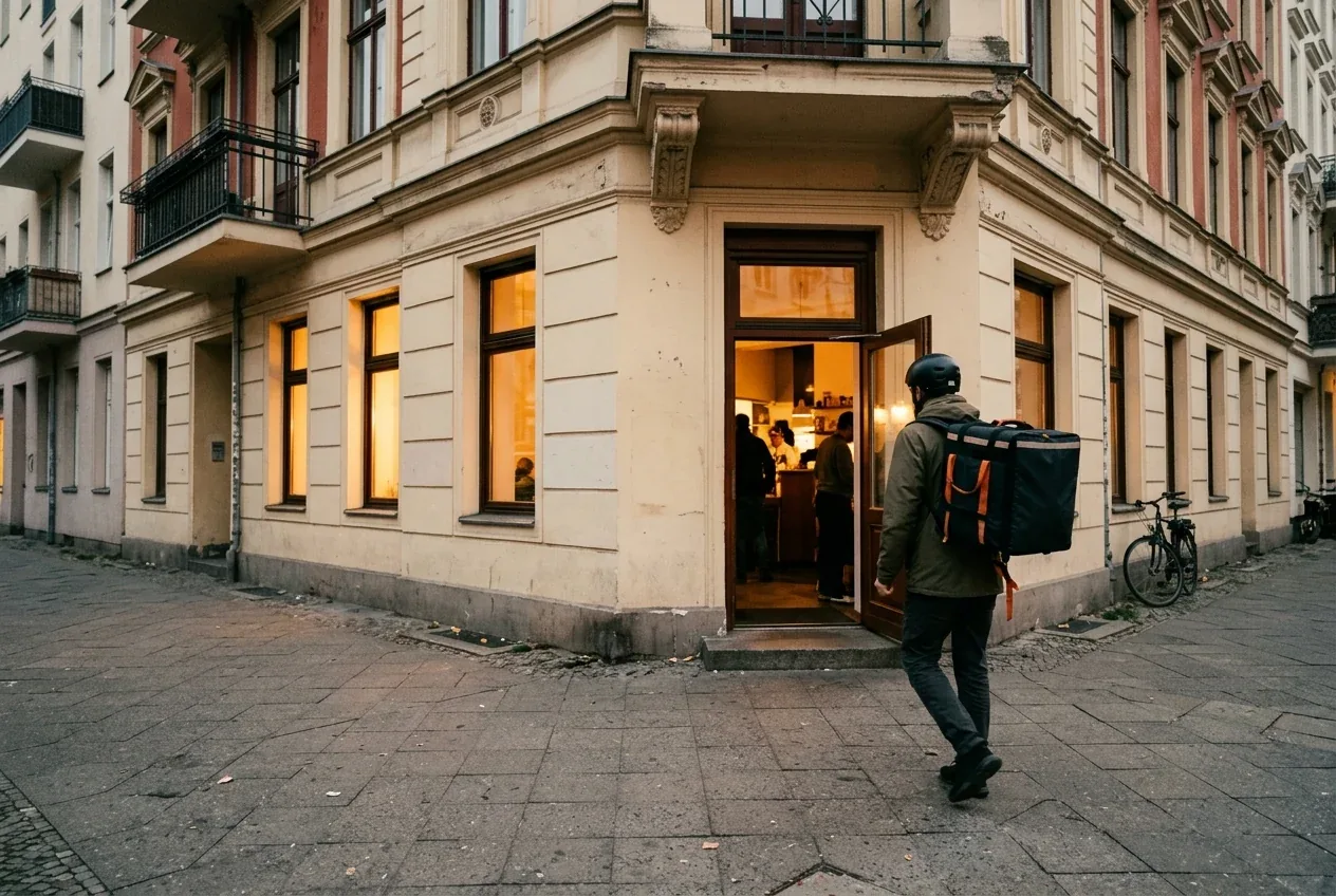 Kurier mit Thermorucksack verlässt am Abend ein kleines Lokal in einem Berliner Altbau
