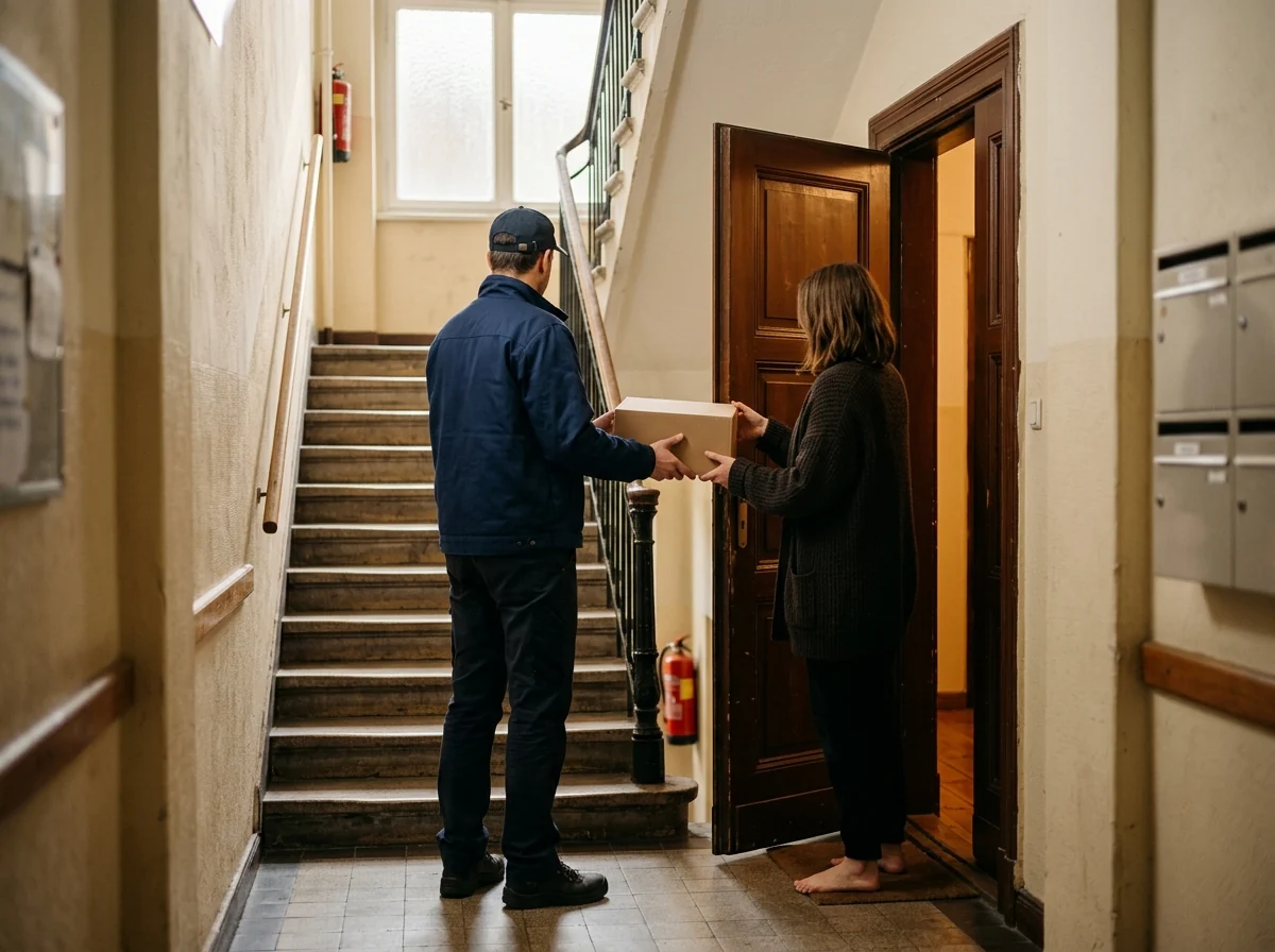 Kurier übergibt ein Paket an der Wohnungstür in einem Berliner Altbau-Treppenhaus
