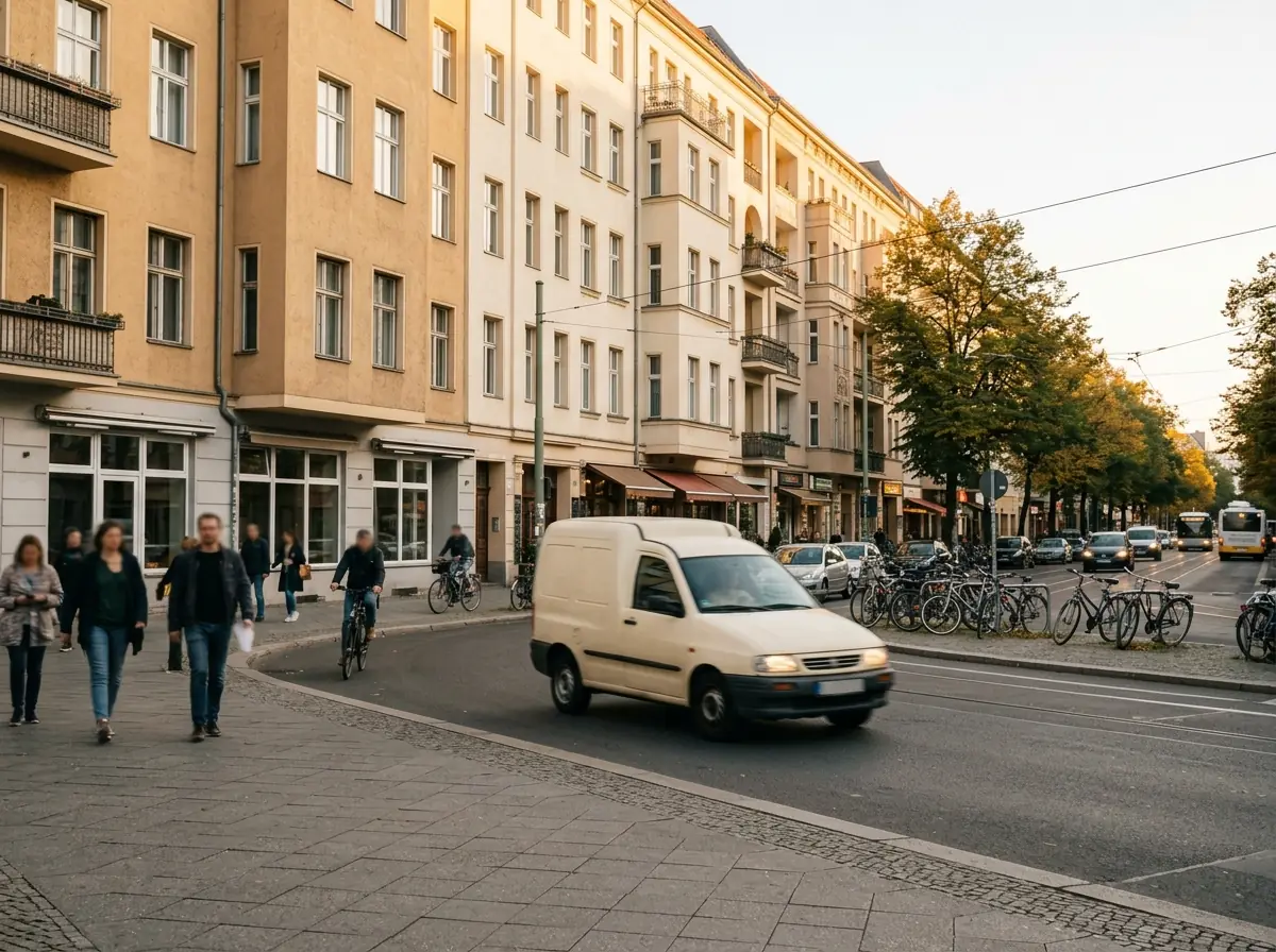 Cremefarbener Lieferwagen fährt bei Abendlicht durch eine Berliner Kiezstraße